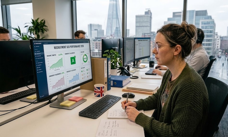 Woman analysing SEO performance data on computer screen in modern office with city skyline view